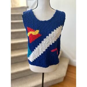 Vintage 80s Cobalt Blue Red White Abstract Boucle Knit Sleeveless Sweater